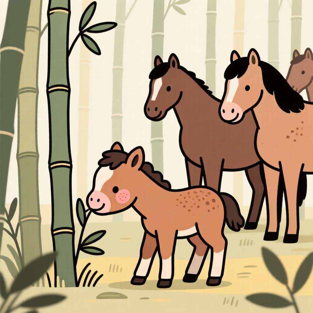 A newborn foal explores a bamboo grove for the first time, sniffing at everything nearby while a nearby herd watches with gentle patience.