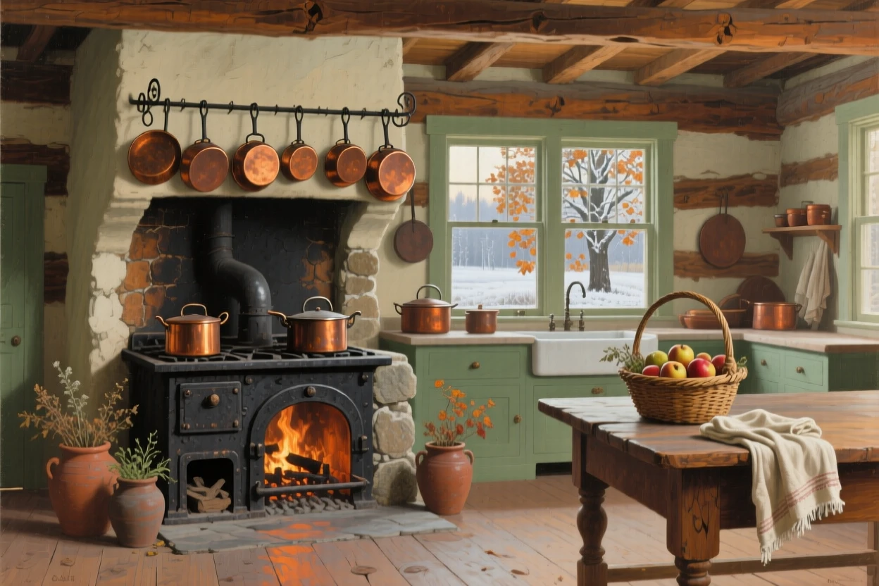 An expansive vista of a farmhouse kitchen with copper pots hanging above a wood-fired stove, during the first frost of autumn.