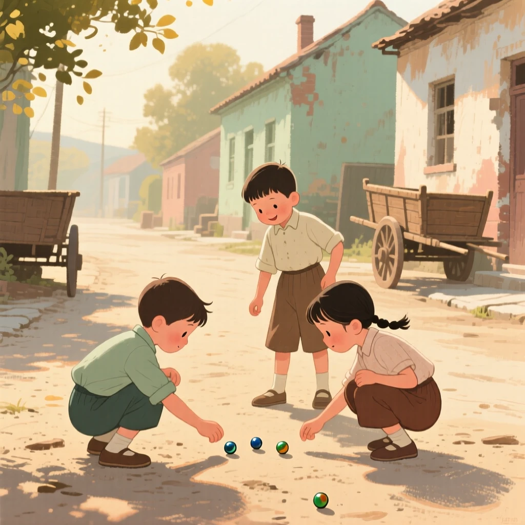 Children playing marbles on a dusty village street