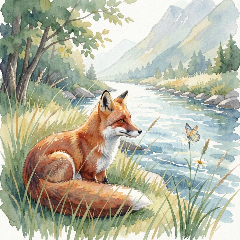 A red fox in tall grass near a mountain stream with a butterfly resting nearby.