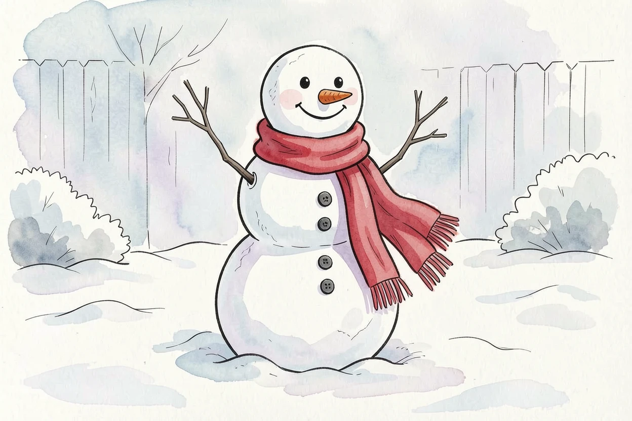 A snowman standing in a freshly fallen snow-covered yard, a red scarf wrapped around its neck
