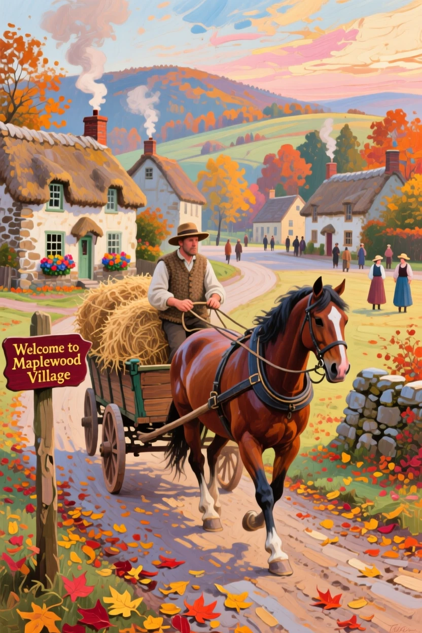 a horse-drawn cart approaching a village, on a crisp autumn morning, with a clear foreground, subject, and distant setting.