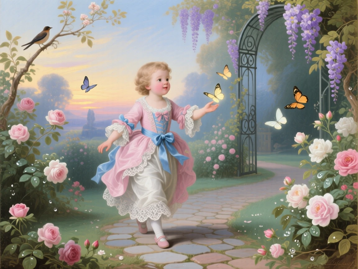 A child following glowing butterflies through a secret garden at dusk  