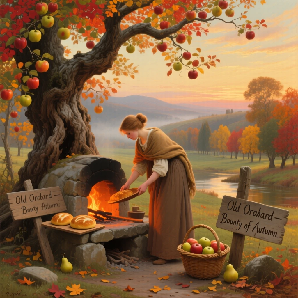 A shepherdess bakes bread in an old orchard heavy with fruit as autumn colors the land.