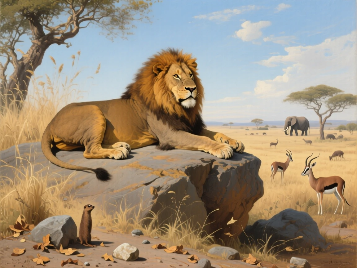 A majestic African lion resting atop a sunbaked rock outcrop, as the surrounding wildlife goes on undisturbed, designed to feel both intimate and awe-inspiring