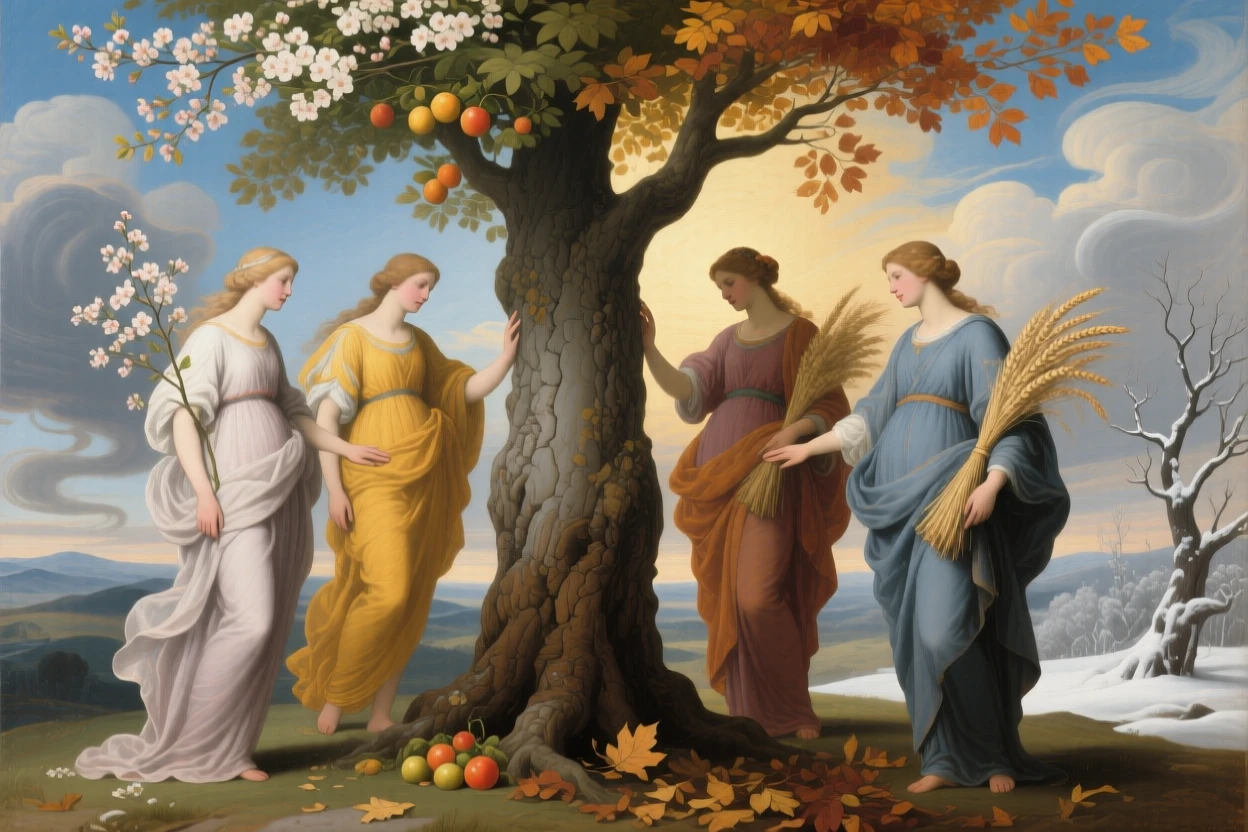 The allegory of the four seasons gathered around a central tree of life as light and shadow embody opposing truths, set amid swirling clouds suspended between earth and sky, with drapery caught in a wind that seems to come from another world; contrasting light and shadow divide the canvas into meaningful halves, filled with quiet reverence for forces greater than ourselves.