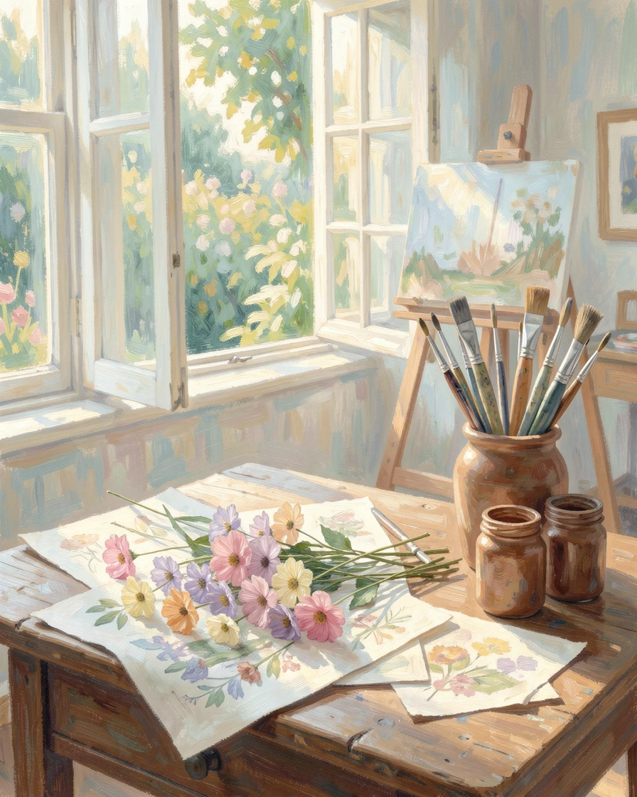 A quiet artist's cottage filled with pressed flowers, watercolor sketches, and jars of paintbrushes.