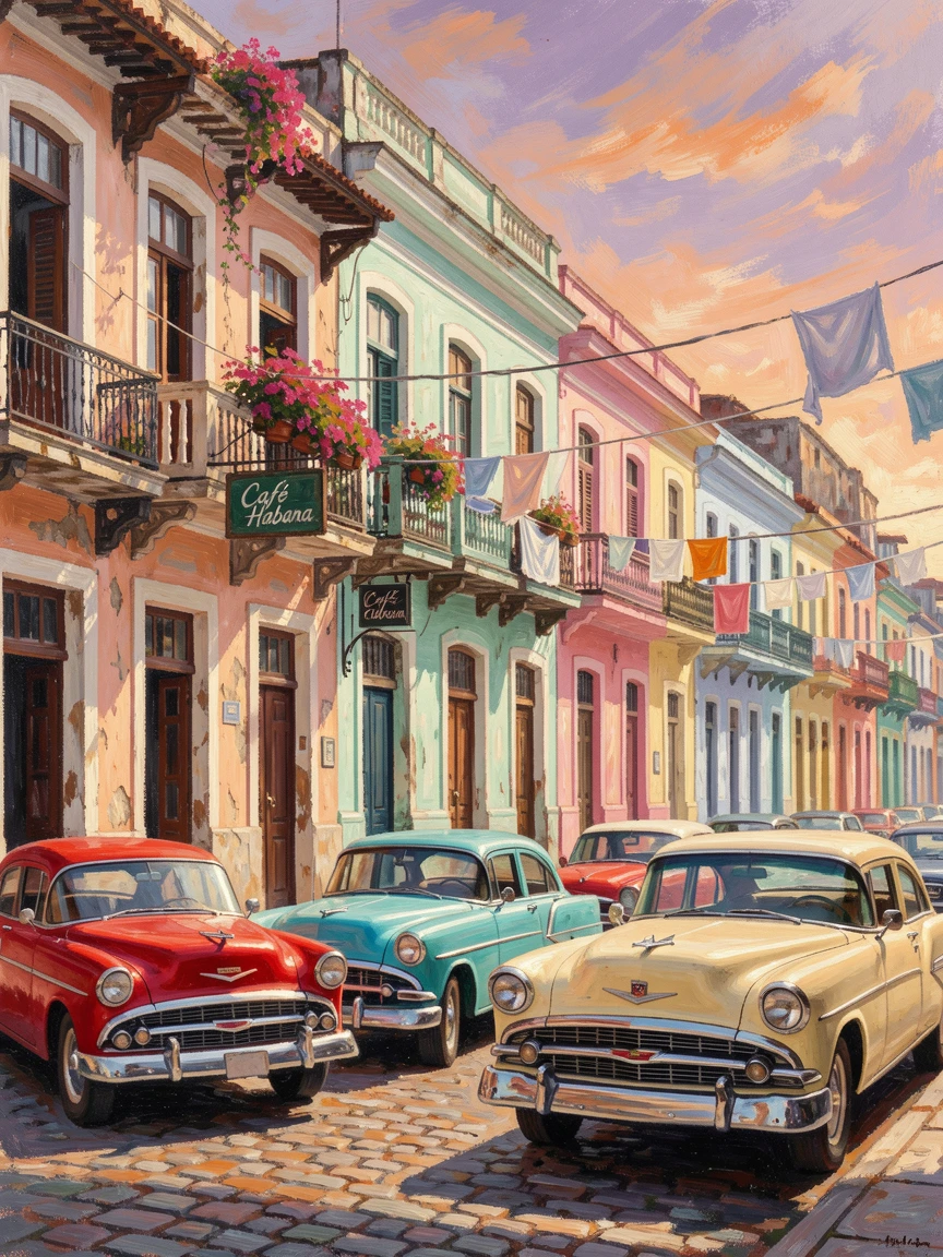 A quiet plaza in Havana with vintage cars parked beside pastel colonial buildings.