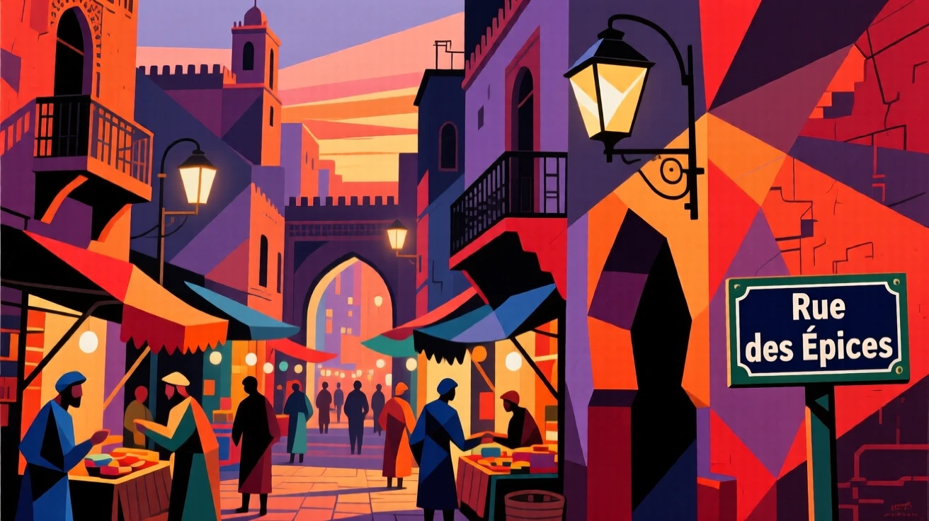 The narrow streets of Marrakech bustling with color and light at dusk.