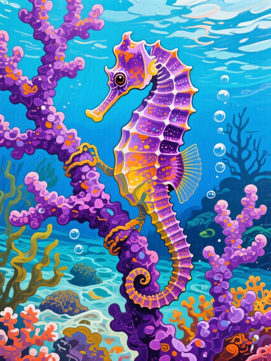 A seahorse clinging to a strand of vibrant purple coral in a quiet reef