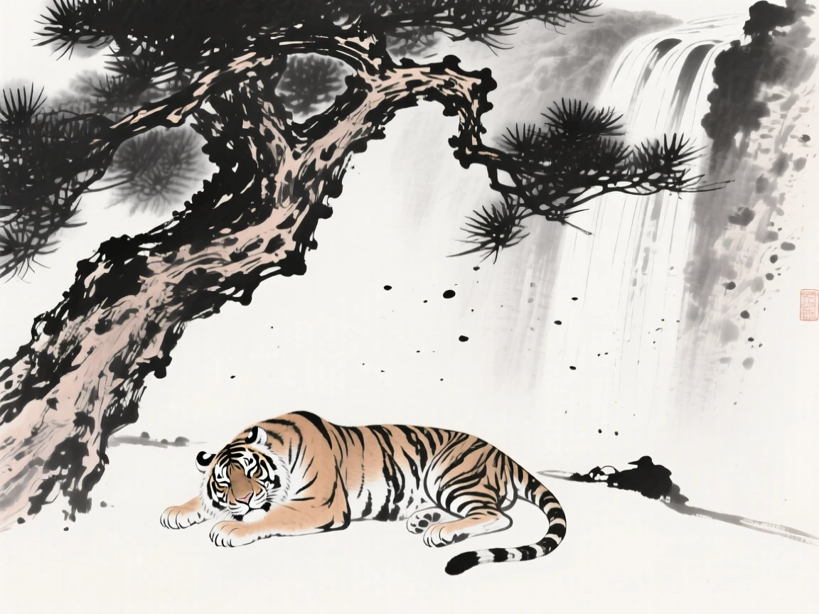 A tiger rests beneath the shade of an old pine tree, while a waterfall roars faintly in the background.