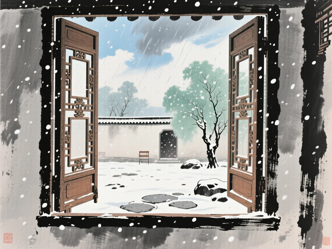A solitary window open to a courtyard filled with falling snow, under drifting clouds, suffused with quiet joy, under clearing skies after a storm.