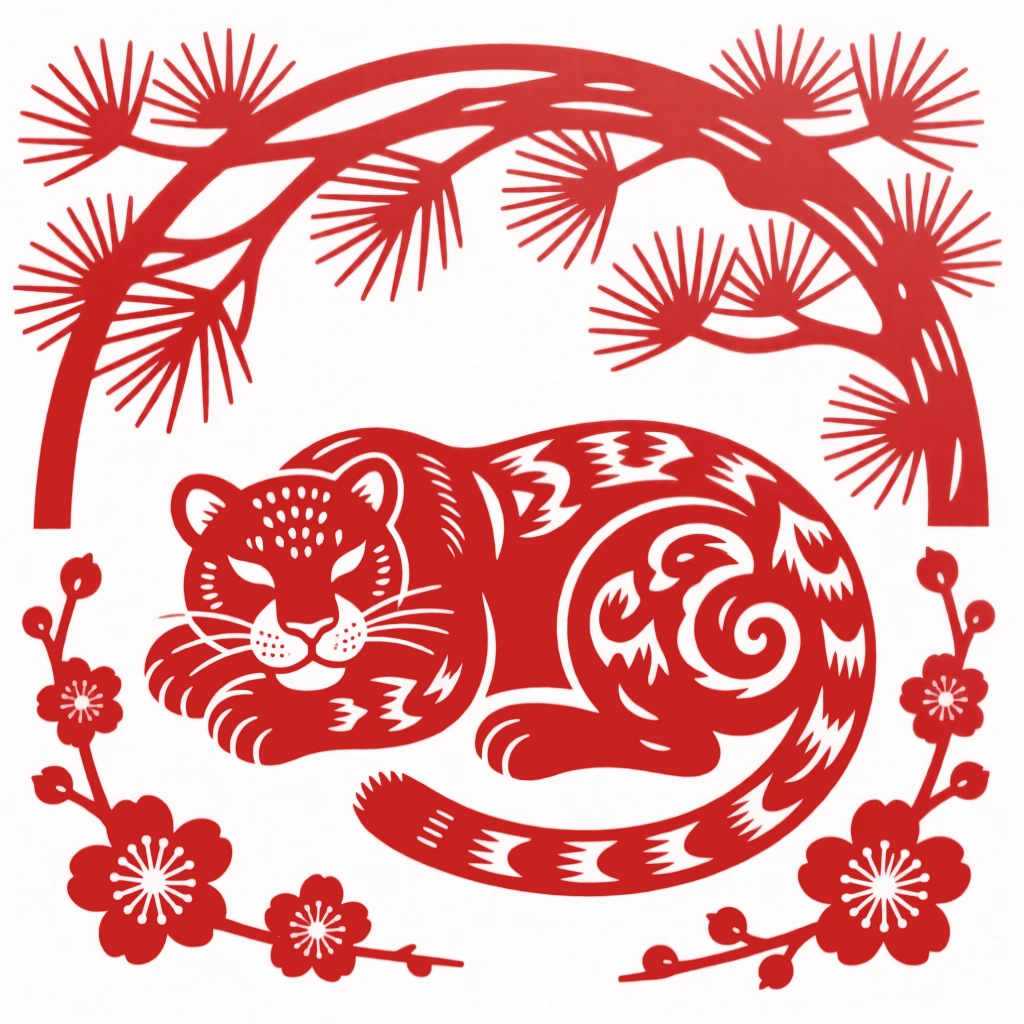 A snow leopard, curled up beneath a canopy of pine needles, surrounded by scattered plum blossoms.