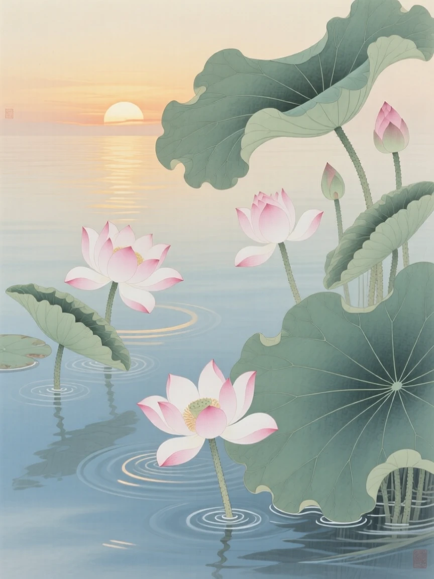 Water lilies floating on a quiet pool in the soft light just before sunset