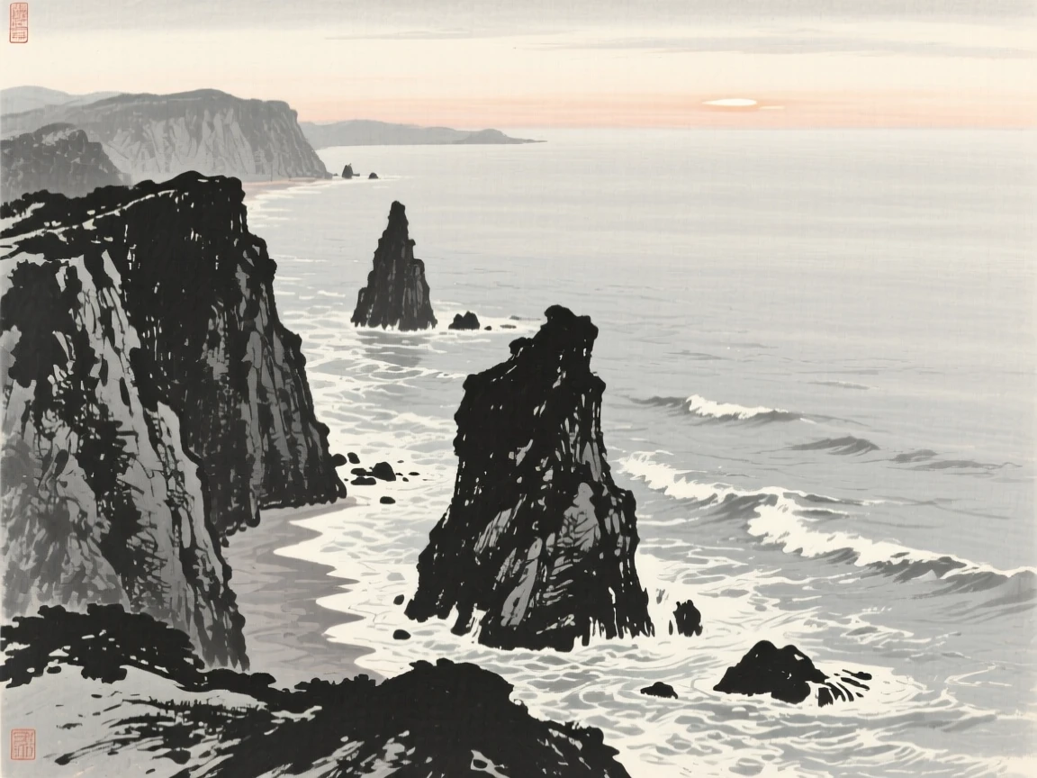 A rugged coastline where waves break against tall sea stacks at first light, when the world is still hushed and grey, viewed from a high vantage point looking down across the whole scene, carrying a feeling of timeless peace and stillness.