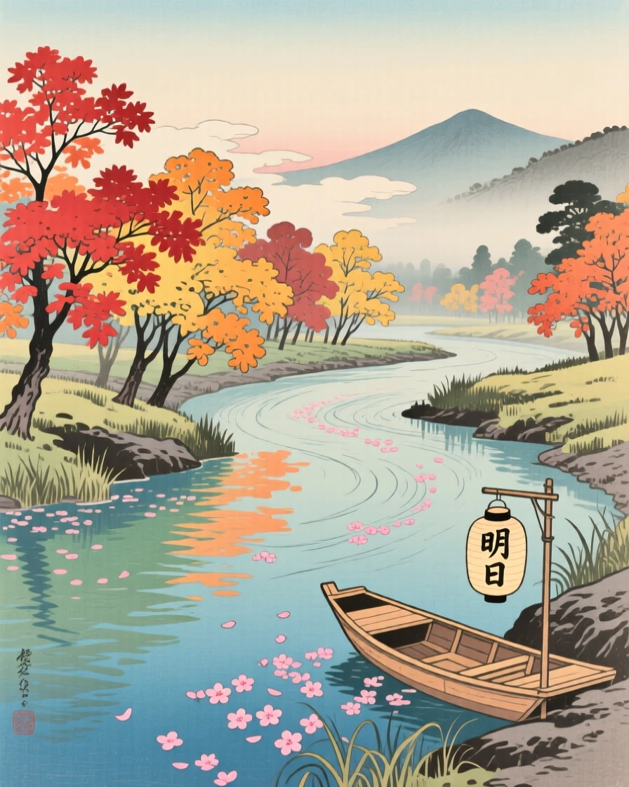 A maple-lined riverbank, dotted with drifting cherry blossom petals.