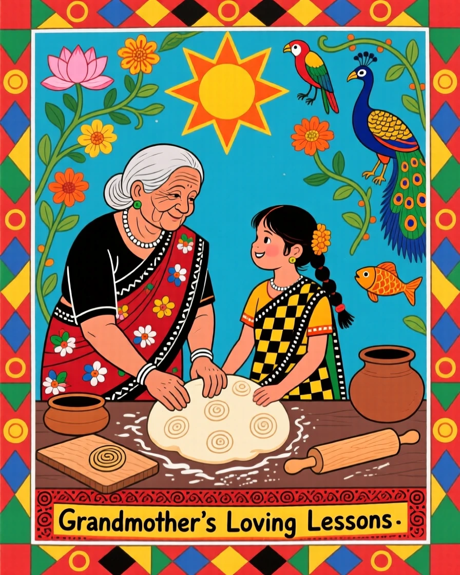 A grandmother teaching her granddaughter to knead dough in a warm kitchen.