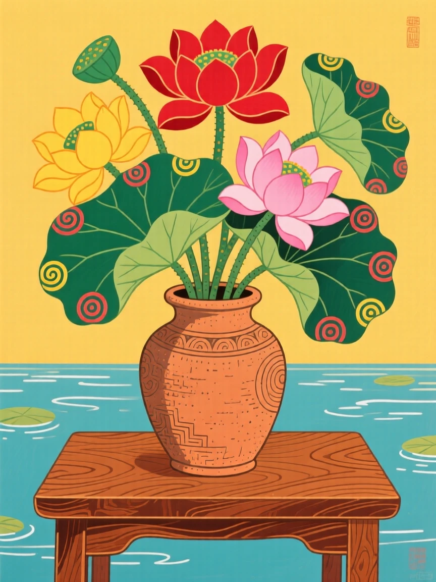 A still arrangement of lotus flowers rising from still water in a rustic clay vase on a wooden table.