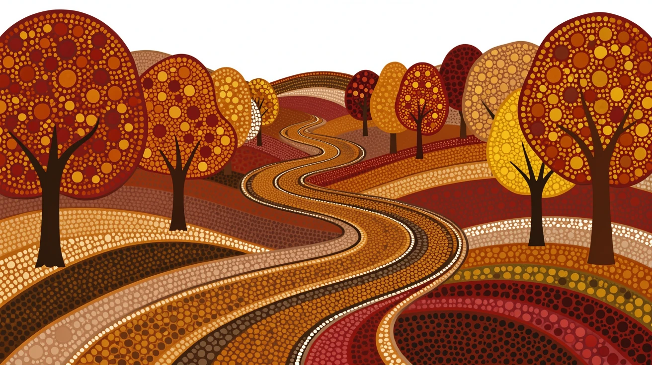 A road winding through a colorful autumn forest over rolling hills
