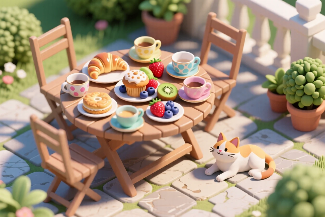 A Sunday brunch scene on a garden patio, a spread of pastries and fruit, mismatched teacups, and a cat lounging in a sunbeam nearby.