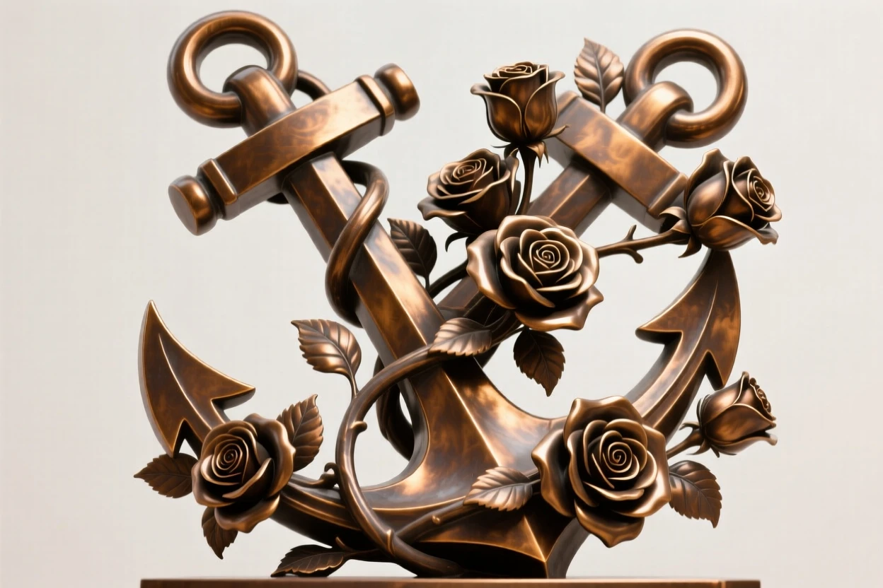 An anchor entwined with blooming roses, symbolizing steadfast love, composed with striking clarity and a strong central focal point, evoking deep emotional resonance