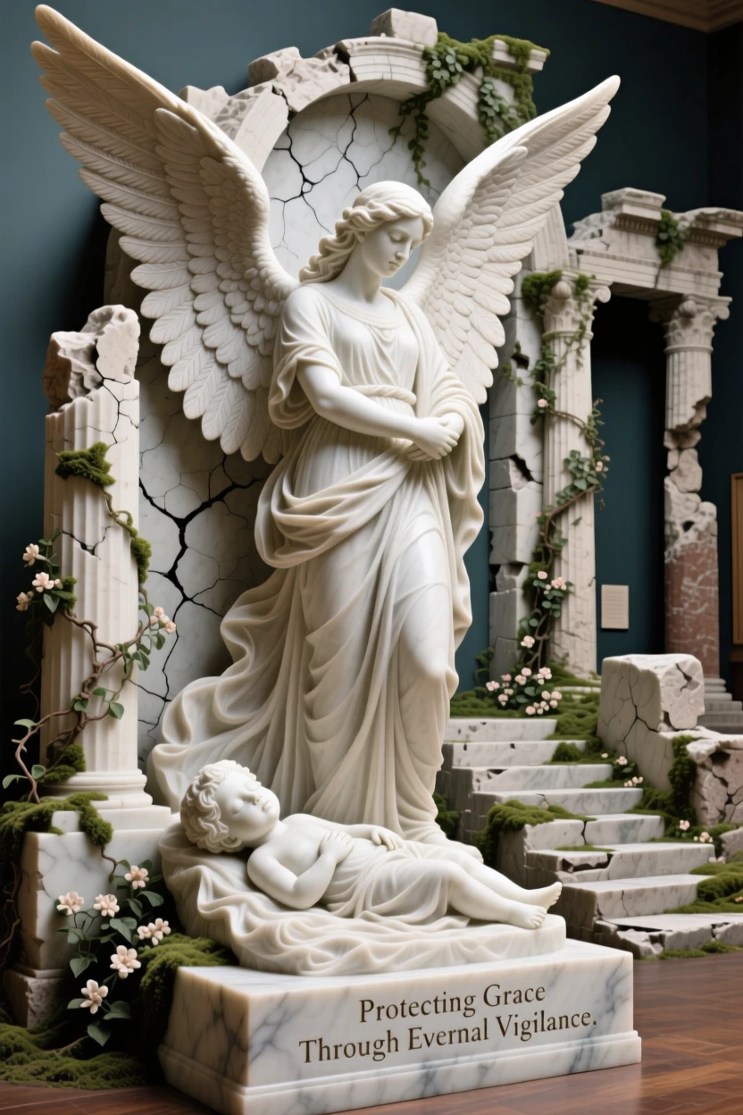 An epic scene of a guardian angel spreading protective wings over a sleeping child, amid ancient ruins reclaimed by nature, evoking myth and grandeur