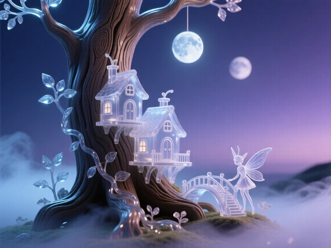 A tiny fairy village built into a tree trunk under a twilight sky filled with two moons, atmospheric fog rolling through the scene, feeling mysterious and enchanting.