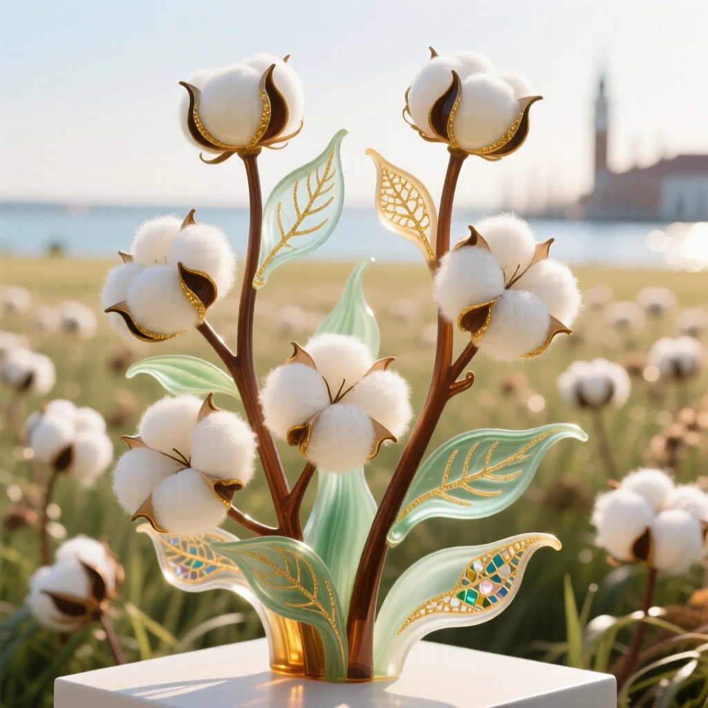 A field of wild cotton plants glowing white under a soft afternoon light, gentle and pastoral.