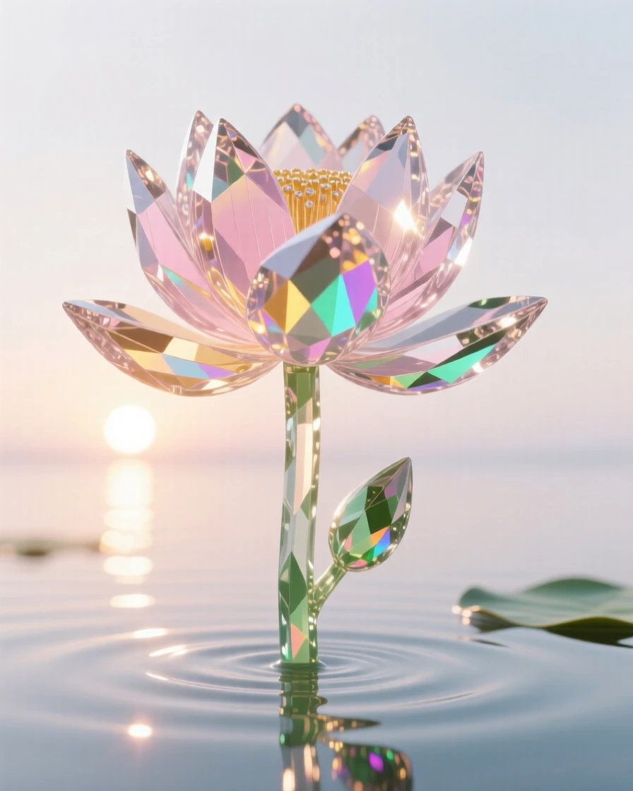 A single lotus flower rising from still pond water at sunrise, petals just opening.