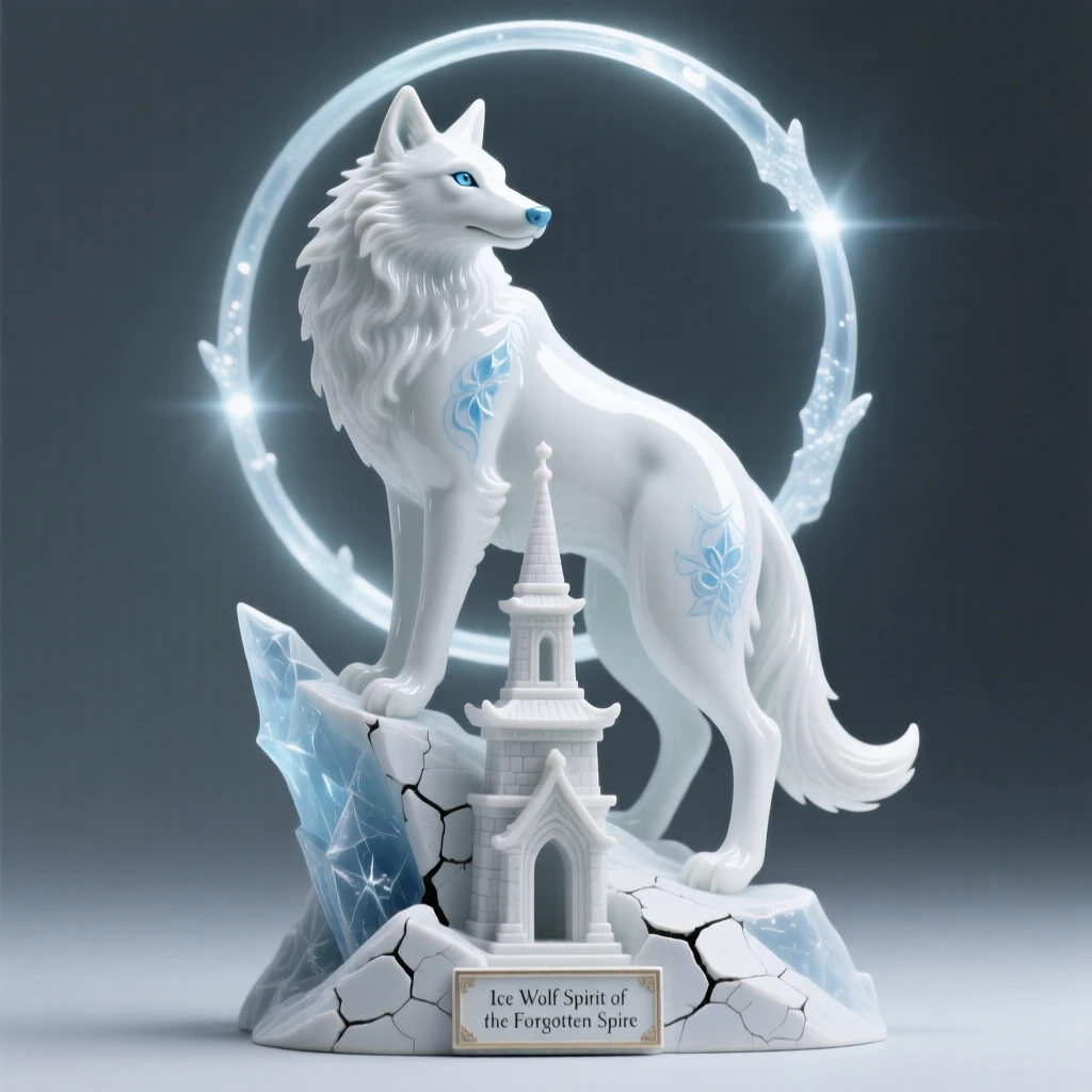 A majestic ice wolf spirit perched atop a crumbling temple spire, radiant light haloing its form.