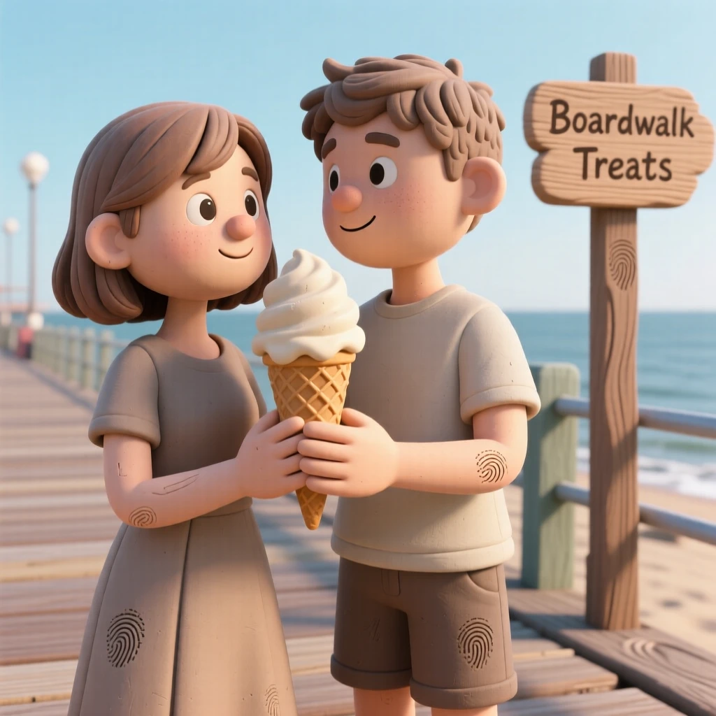 A young couple sharing an ice cream cone on a boardwalk