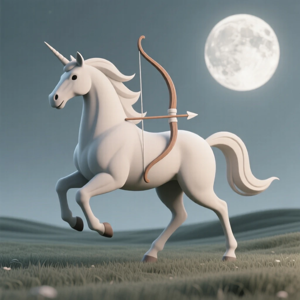A noble centaur gallops across a moonlit meadow, bow slung across his back and mane flowing in the wind.