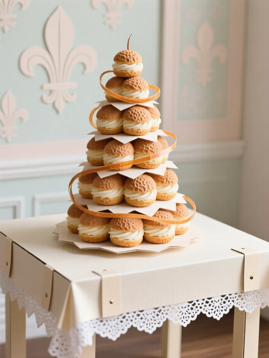 A delicate croquembouche tower of cream puffs bound with spun caramel threads, displayed on an elegant dessert table, evoking celebratory French pastry artistry.