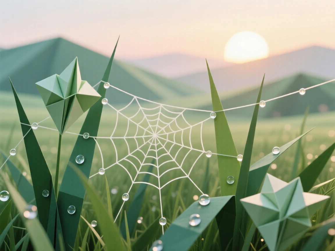 A quiet meadow at first light, dew clinging to spiderwebs strung between tall grasses.