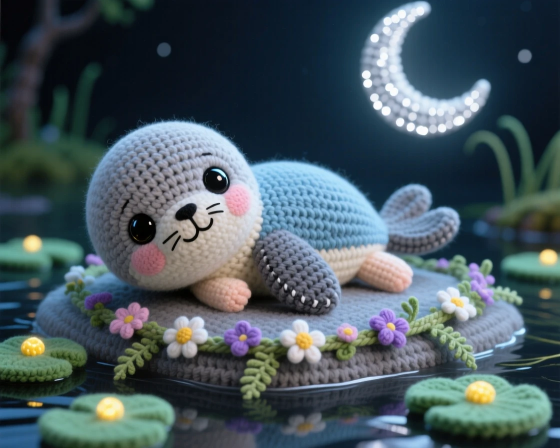 A charming portrait of a small baby selkie pup, half seal, half child, with a glossy coat, resting on a moonlit shore beside a garland of woven wildflowers in a quiet swamp dotted with glowing lily pads, conveying curious innocence meeting a magical world.
