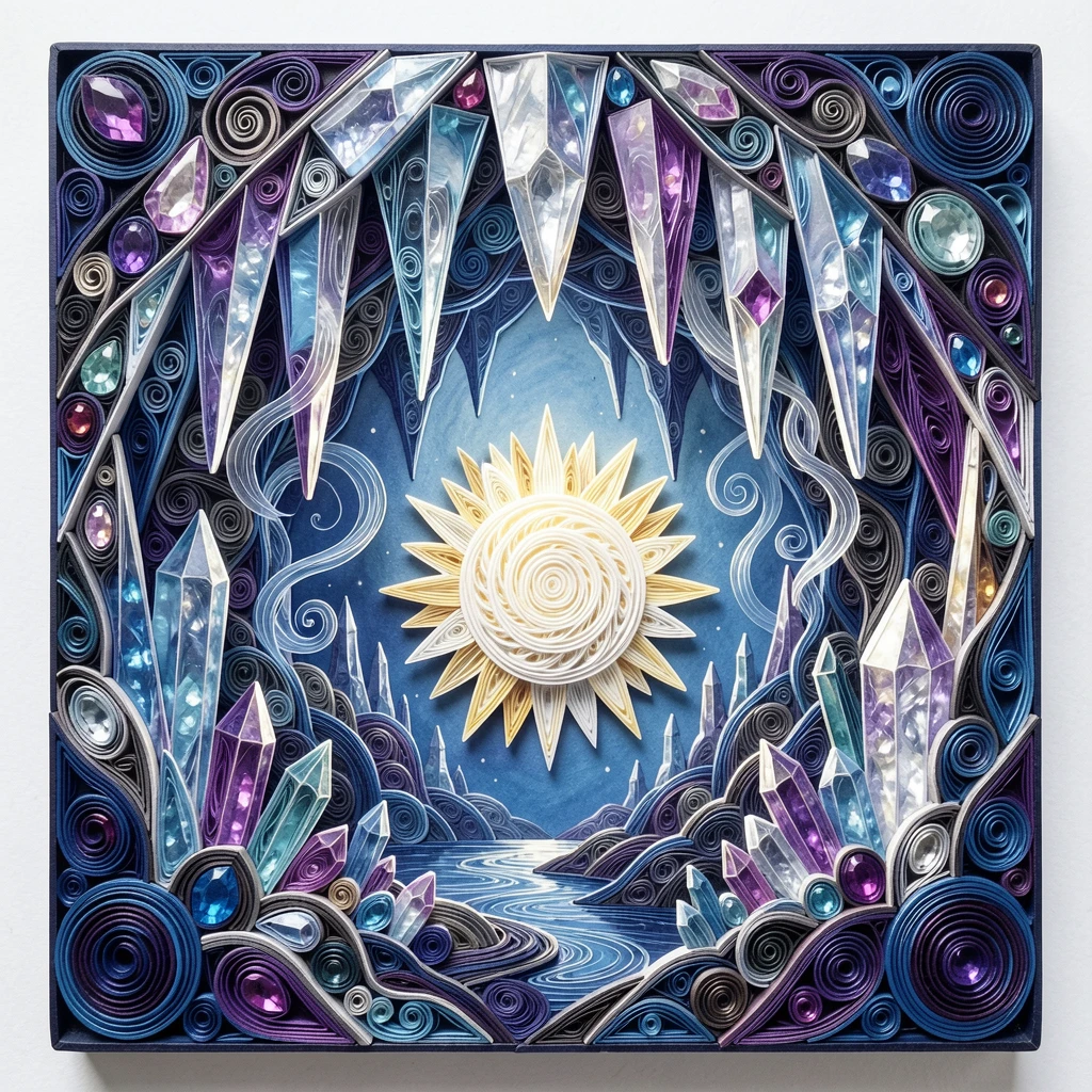 A magical fantasy scene of a glowing crystal cave filled with sparkling gems in a hidden valley bathed in moonlight, with delicate wisps of magical mist curling upward, centered with radiant light emanating outward.