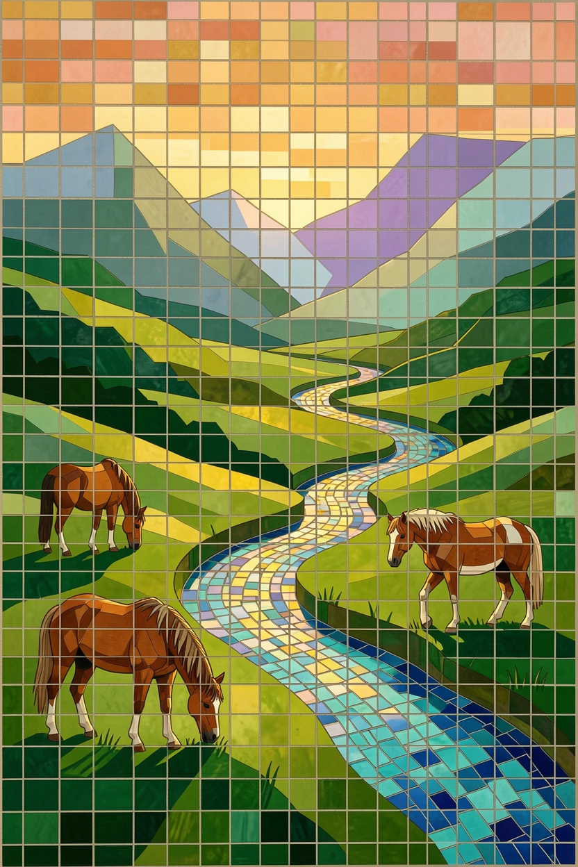 A lush green valley with a winding river and grazing wild horses, bathed in the warm colors of a golden hour sunset.