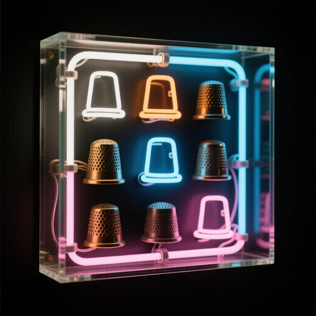 A collection of antique thimbles displayed in a small glass case.