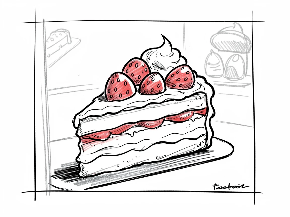 A slice of strawberry shortcake displayed in a bakery window.