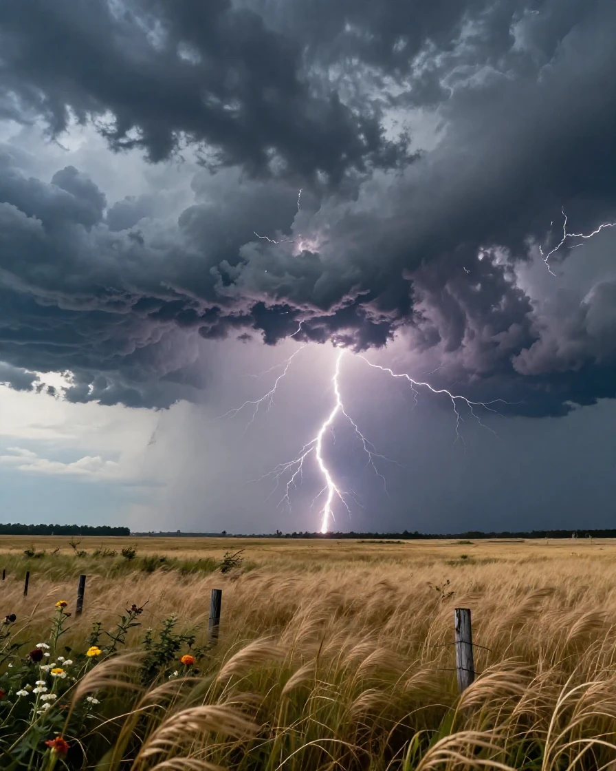 A dramatic thunderstorm rolling across an open plain
