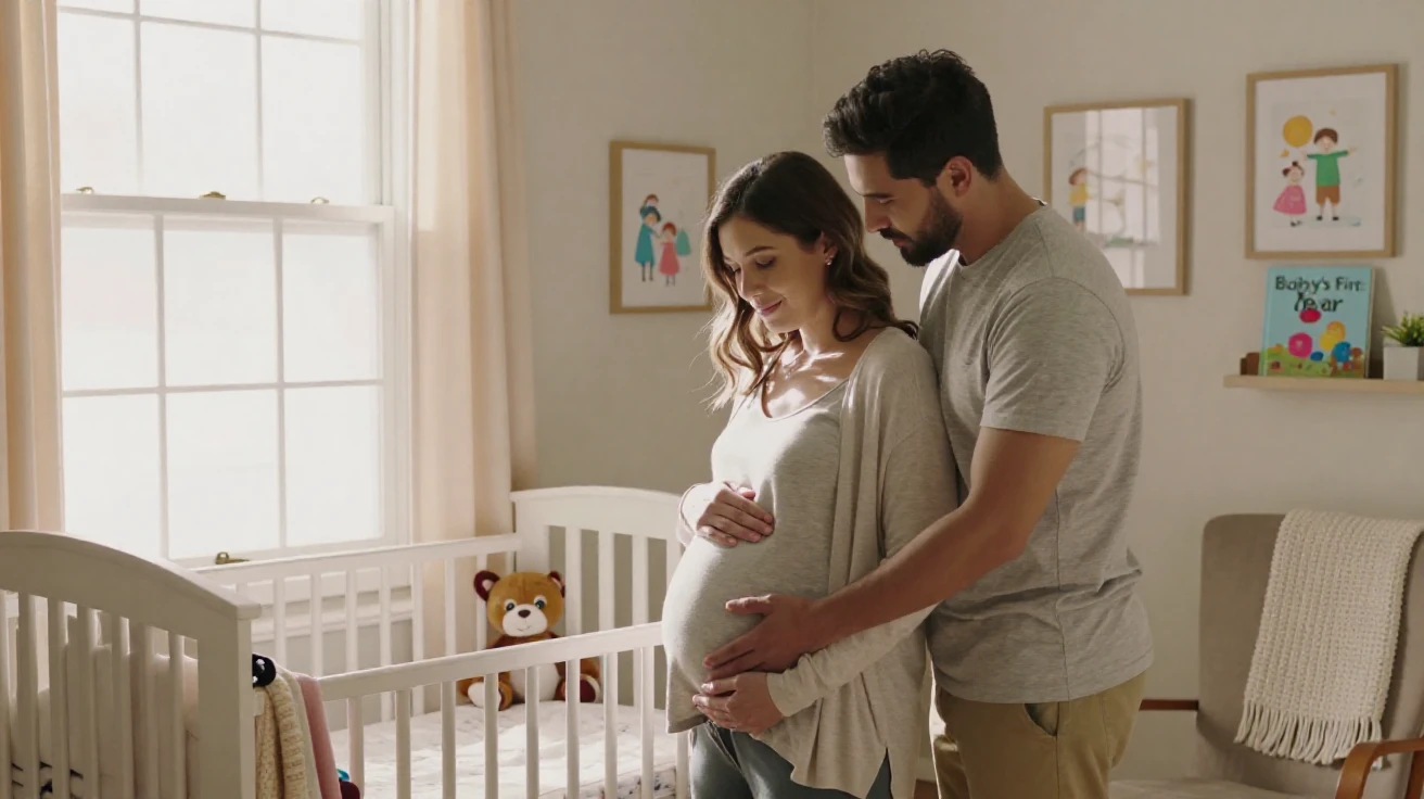 A pregnant woman rests her hands on her belly while her partner speaks softly to it in a sunlit nursery.
