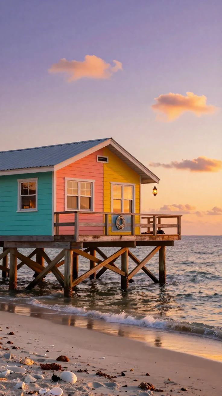 A colorful beach house on stilts overlooking gentle waves at sunset