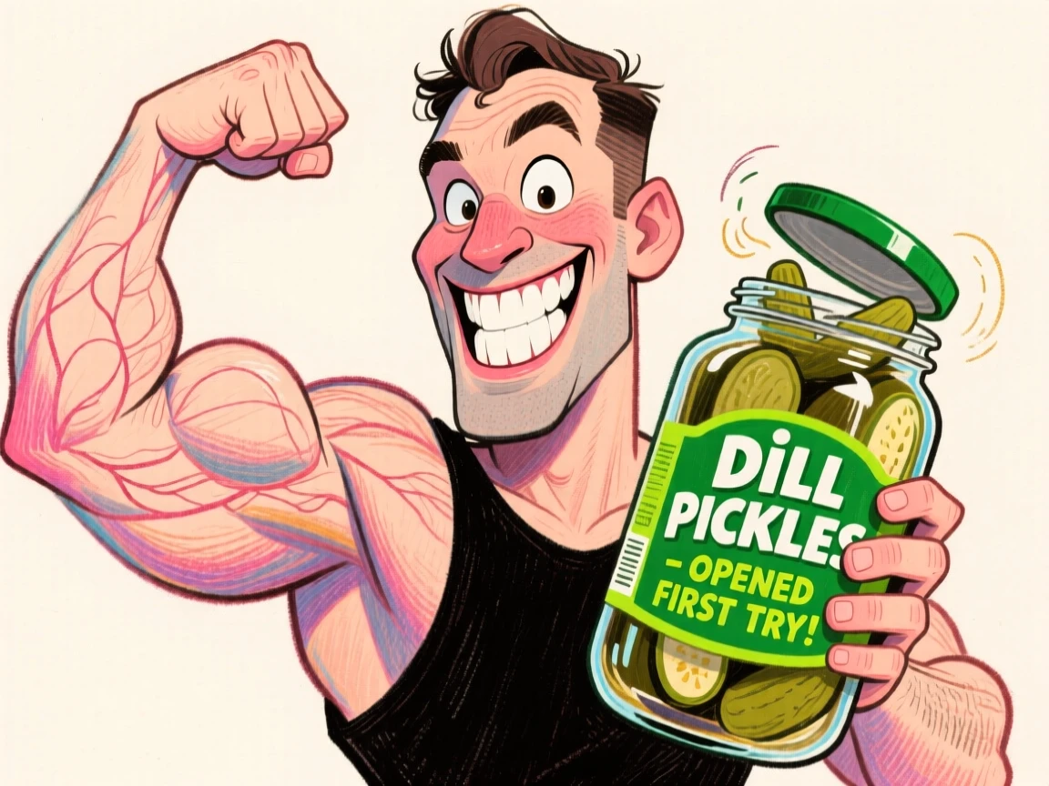 A man flexing proudly after finally opening a pickle jar on the first try.