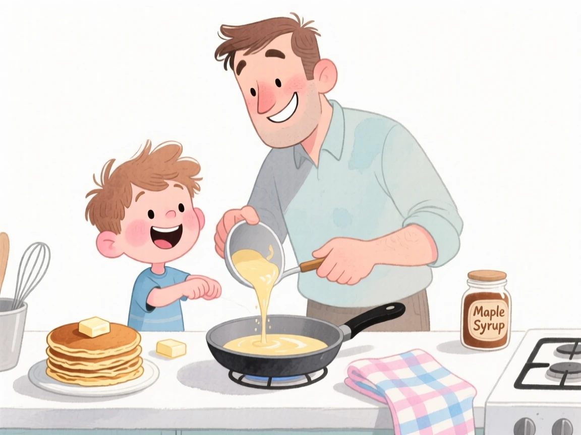 A father and son making pancakes together on a lazy Sunday morning