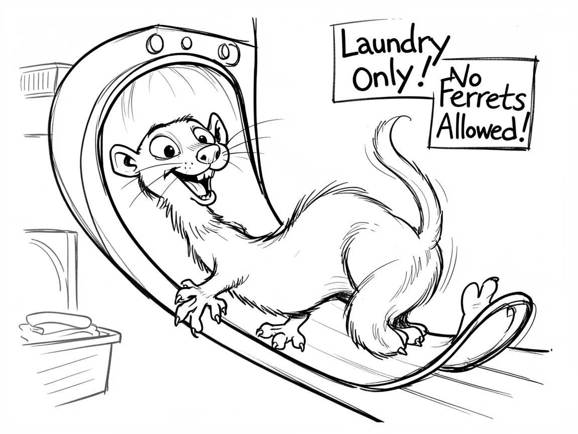 [Cute Animals & Pets] Adorable scene of a playful ferret sliding down a laundry chute, bursting with charm and playful energy