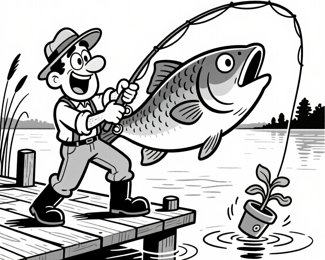 A fisherman reeling in a comically enormous fish, leaning into the screen as if that alone might win the game, set on a wooden dock beside a calm lake. A wobbly potted plant nearly topples over. It feels like the kind of memory friends laugh about for years.