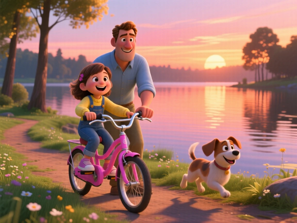 A father teaching his daughter to ride a bike unfolds beside a calm lake at sunset, with everyone's laughter filling the air. Pure joy and warmth radiate from the scene.