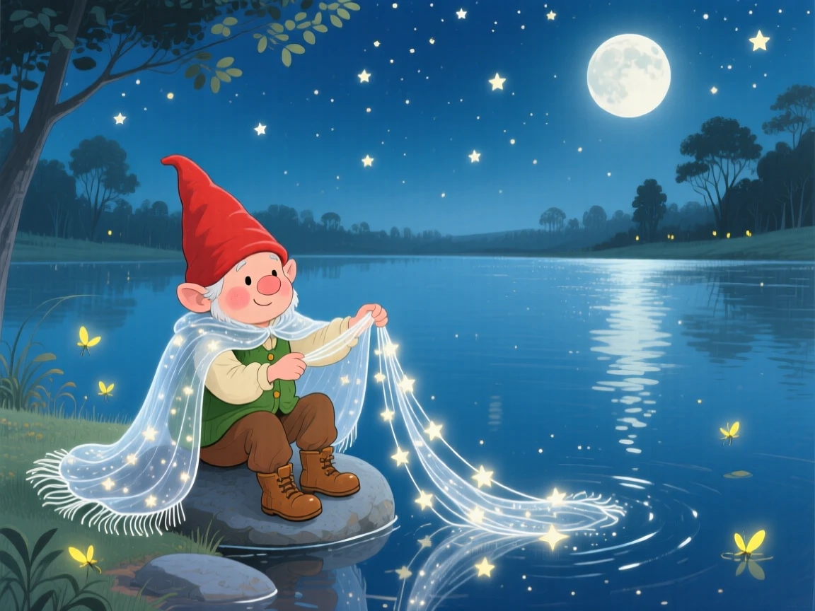 A tiny gnome gardener is weaving a cloak out of moonbeams in a starlit lake, with the whole scene bathed in soft moonlight.