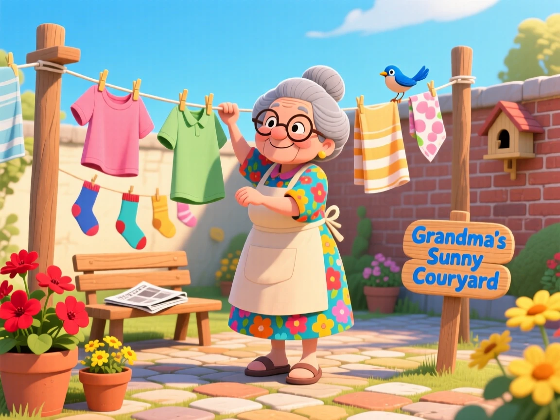 A grandmother hanging laundry to dry in a sunny courtyard.