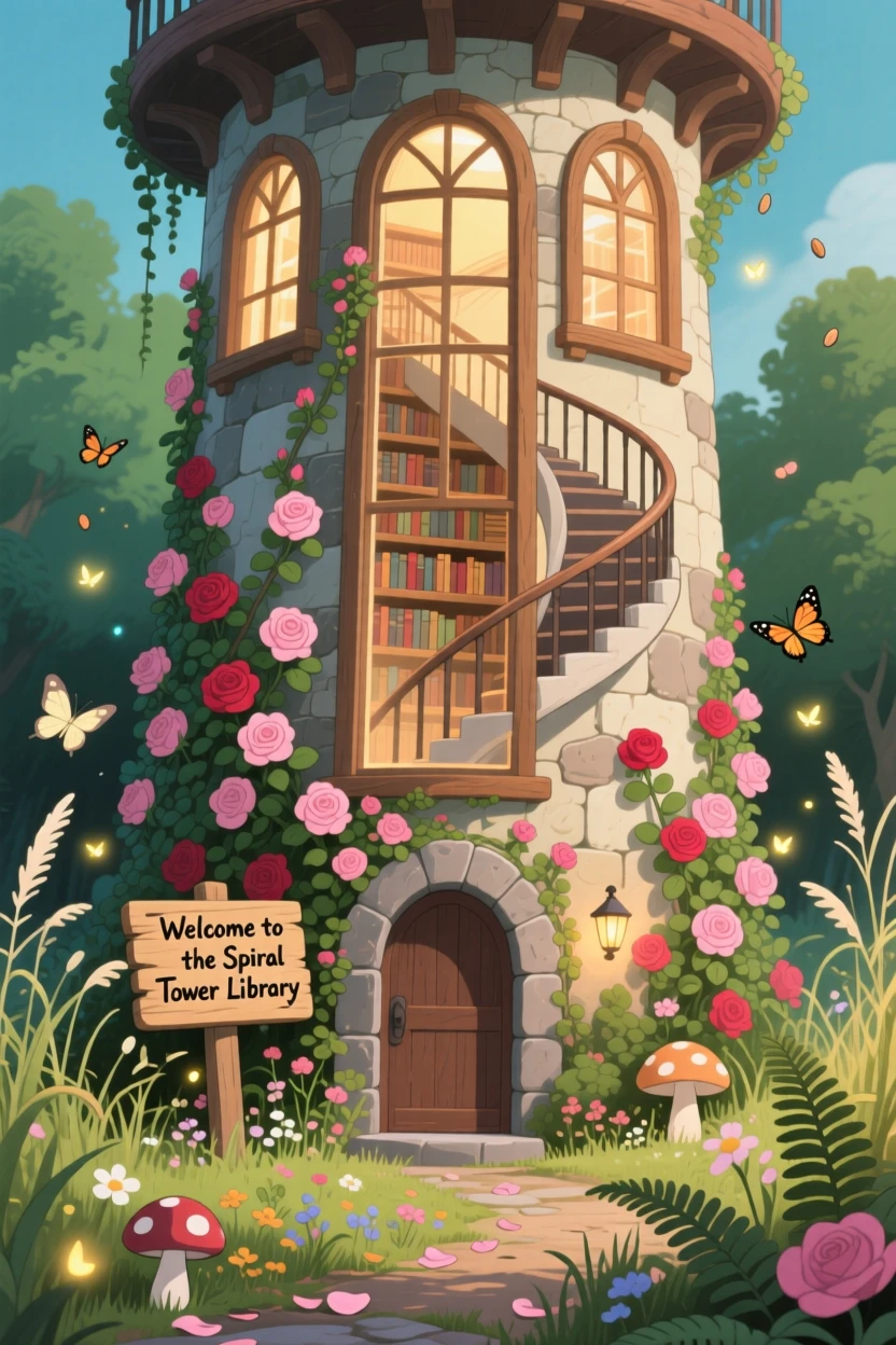 A charming view of a spiral tower library filled with tall arched windows, surrounded by climbing roses and untamed gardens.